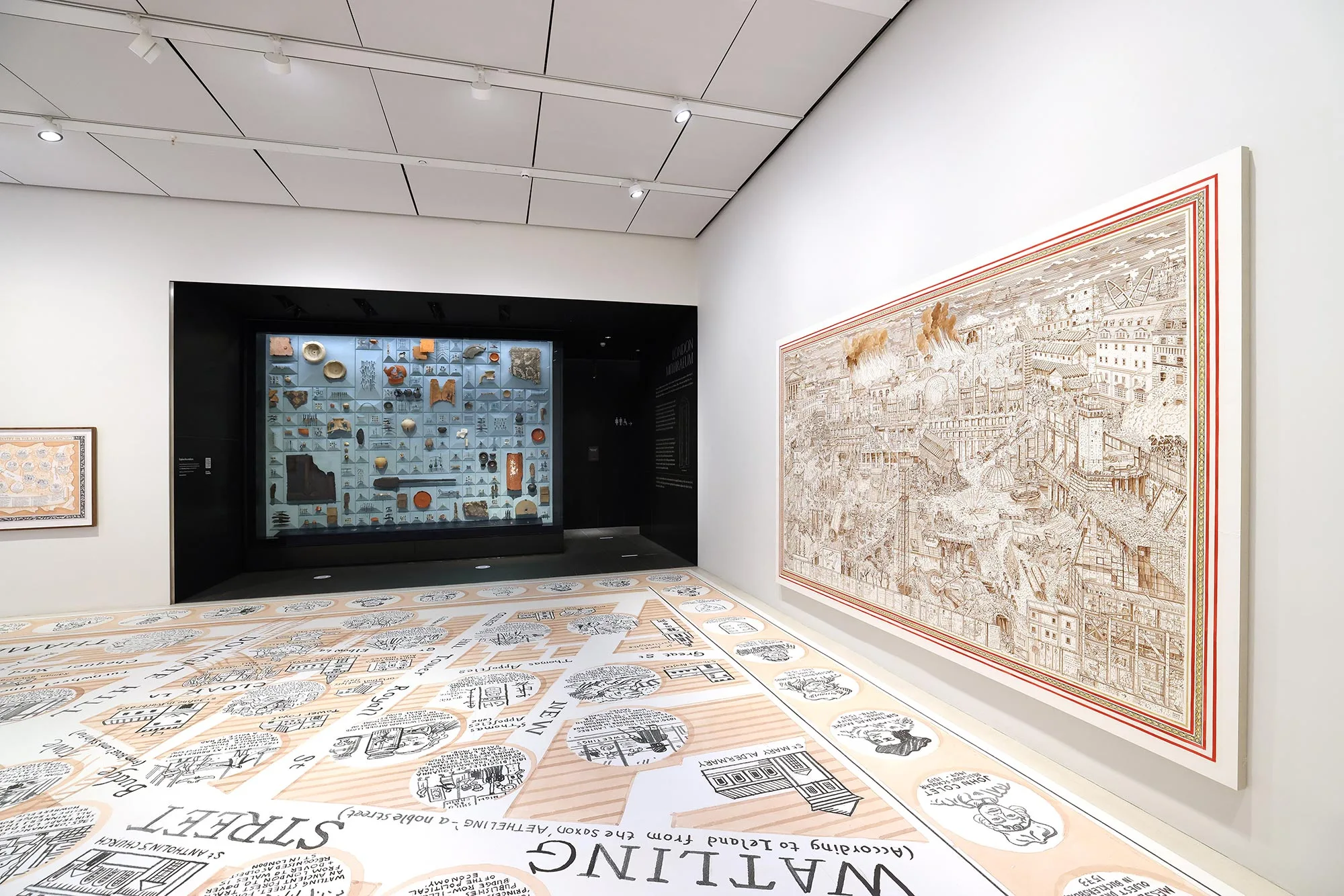 A large Adam Dant art piece at Bloomberg Space London Mithraeum shows an aged townscape.