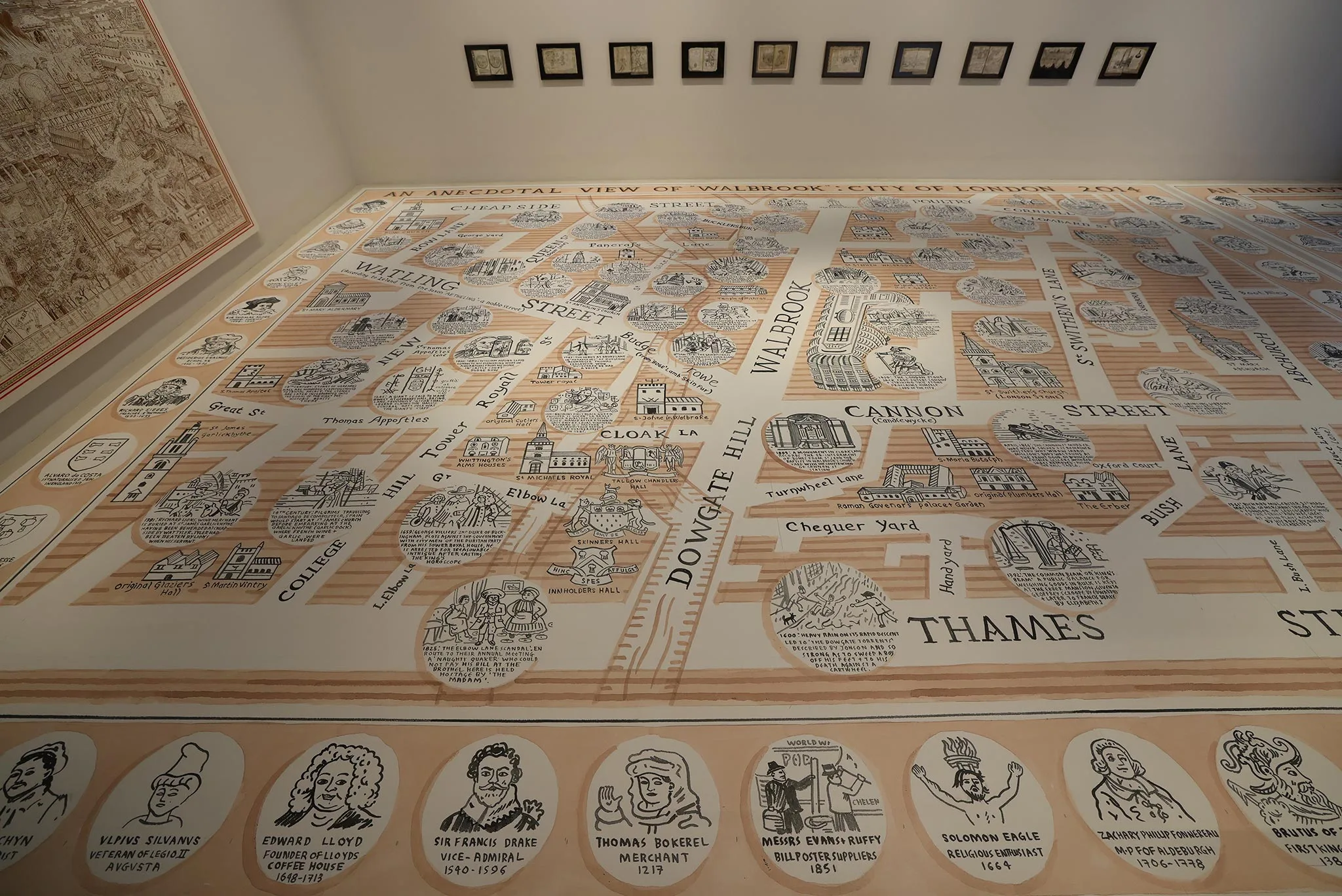 The floor of the Adam Dant exhibit at Bloomberg SPACE at London Mithraeum is a large art piece from Dant, mapping London alongside the Thames.