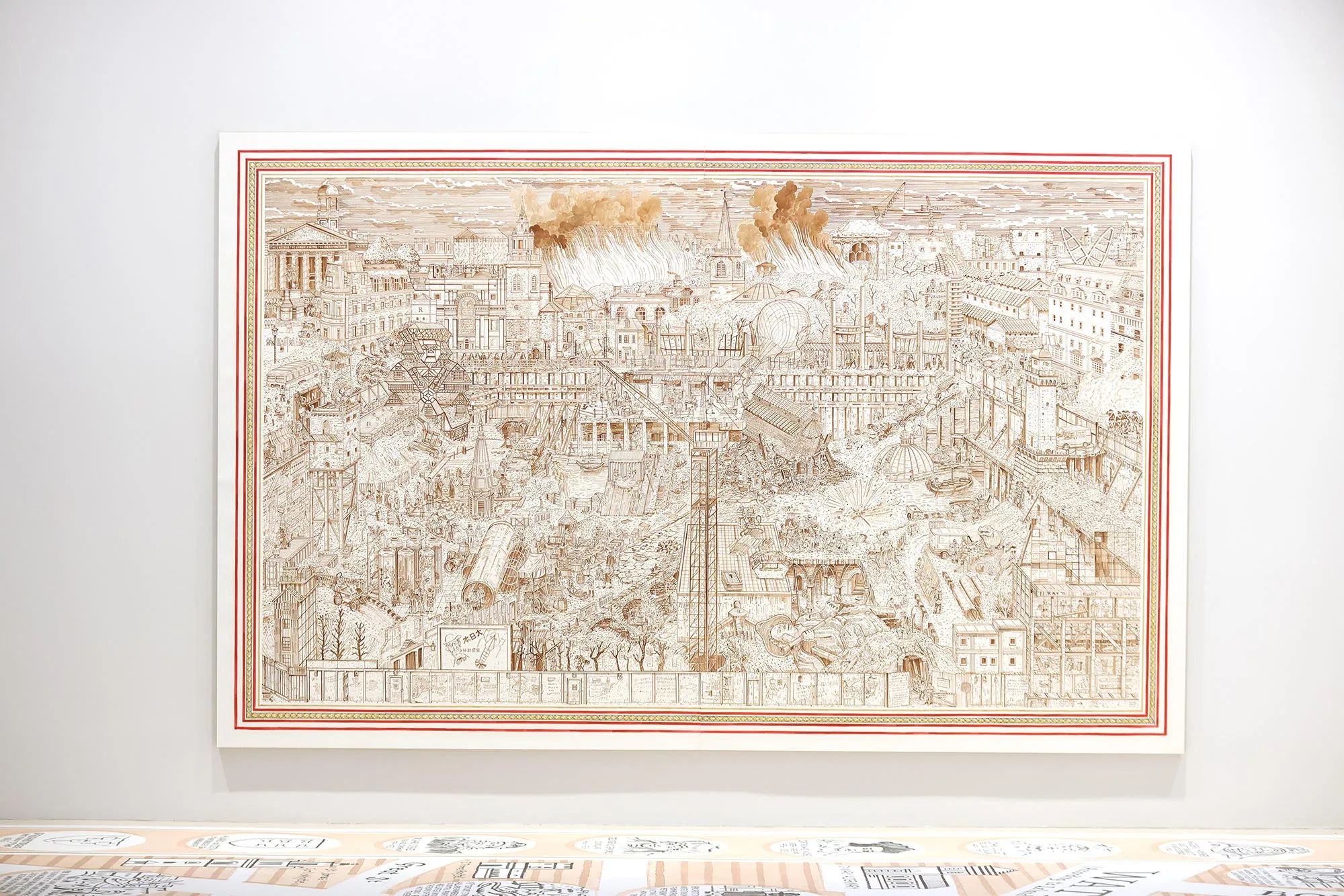 A large wall-filling town scape created by artist Adam Dant being featured at Bloomberg SPACE at the London Mithraeum Museum.