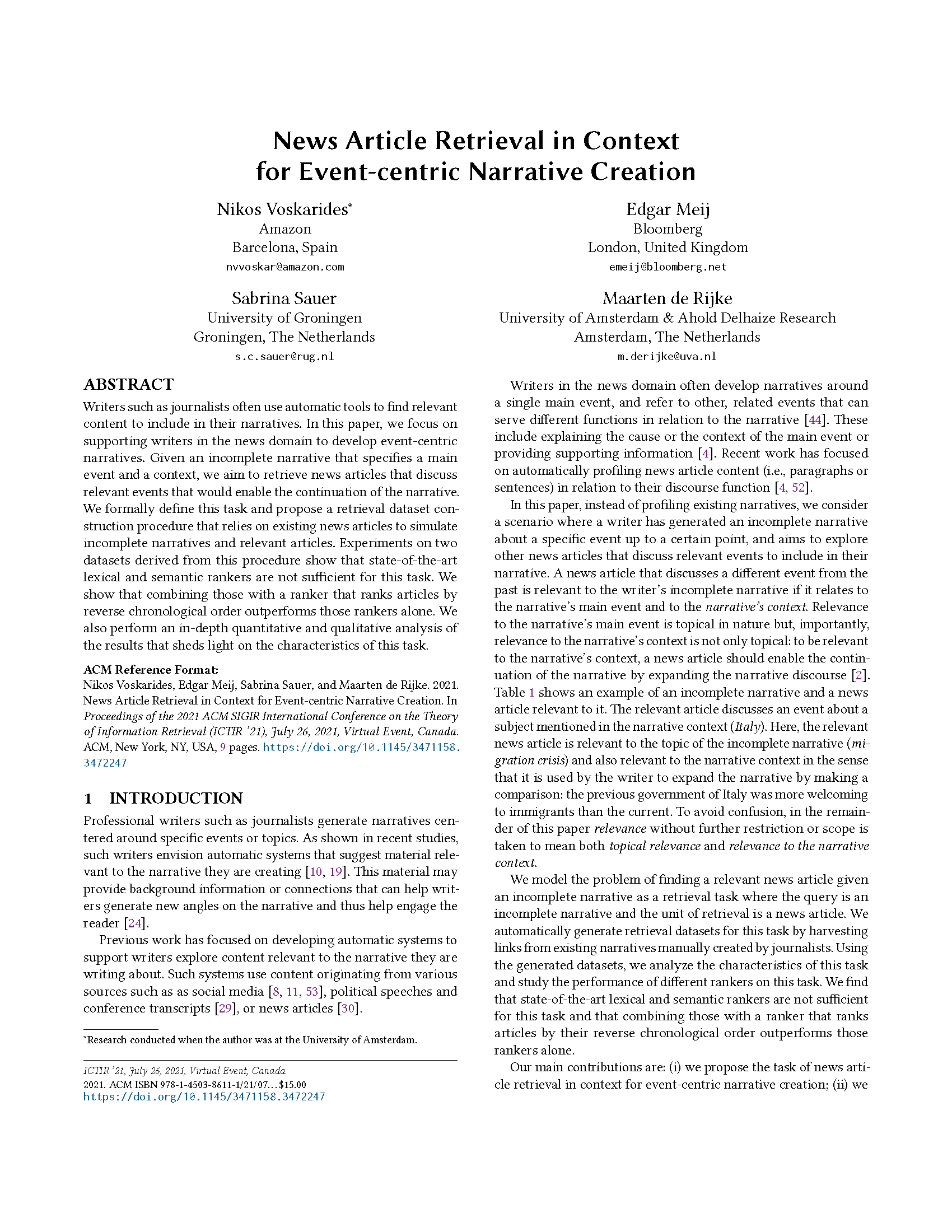 Click to read "News Article Retrieval in Context for Event-centric Narrative Creation," published July 11, 2021 at ICTIR 2021