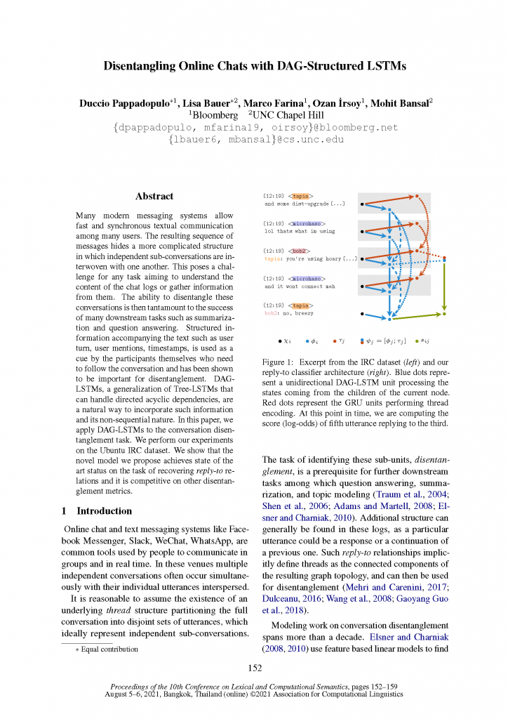 Click here to read "Disentangling Online Chats with DAG-structured LSTMs" published at *SEM 2021 on August 6, 2021