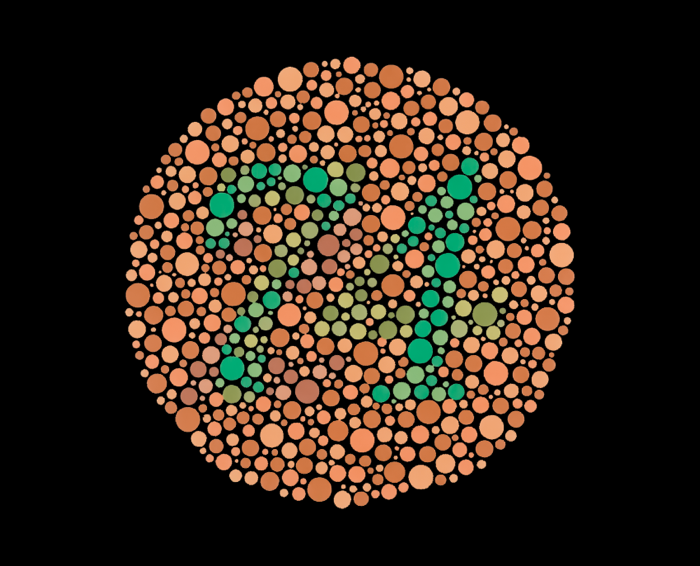 Image 5: Example of an Ishihara color test plate. The number "74" should be clearly visible to viewers with Normal Color Vision. Viewers with Deuteranopia or Protanomaly may not see a number at all or they may see a “71”.