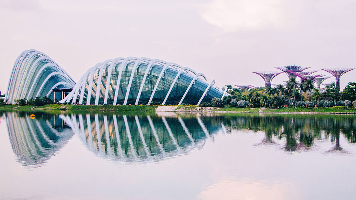 The structure of Gardens by the Bay reflects on the glassy water alongside.