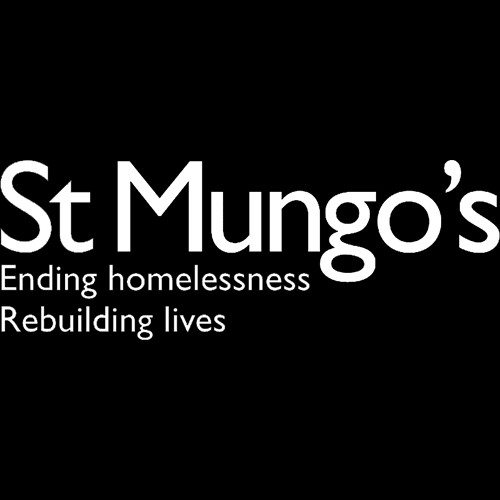 The St Mungo's logo in white and on a black background, including the tagline of, "Ending homelessness and rebuilding lives"