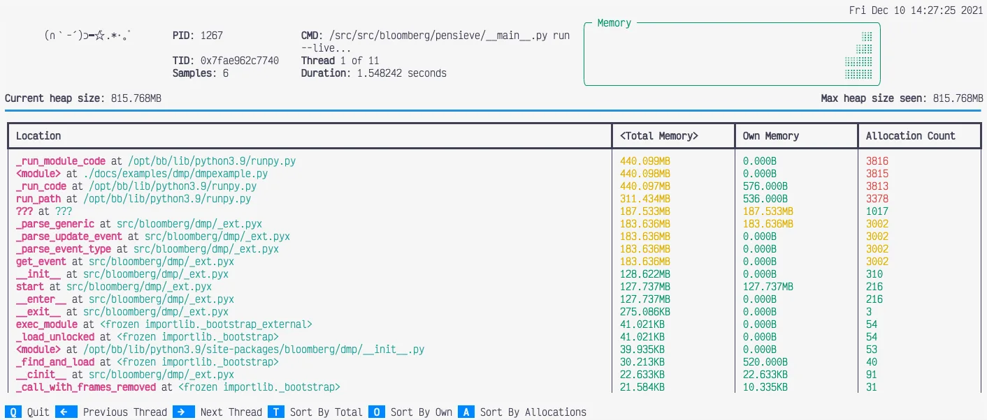 Screen shot of Memray's live mode