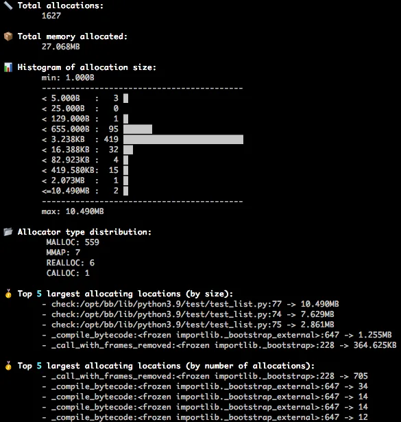Screenshot of memory allocation stats generated with Memray