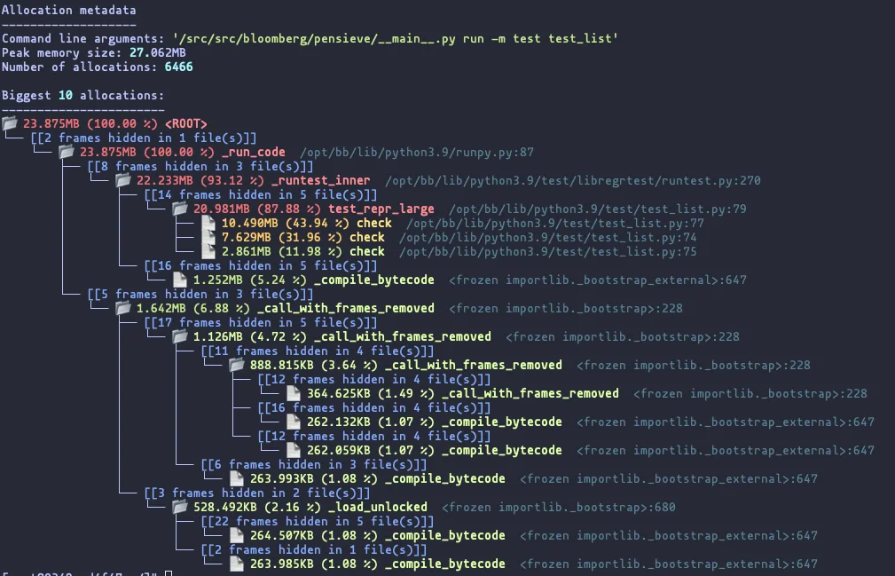Screenshot of a tree report in Memray