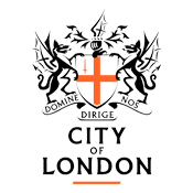 The City of London logo contains a shield surrounded by dragons and the latin text "Domine nos dirige" in black and orange.