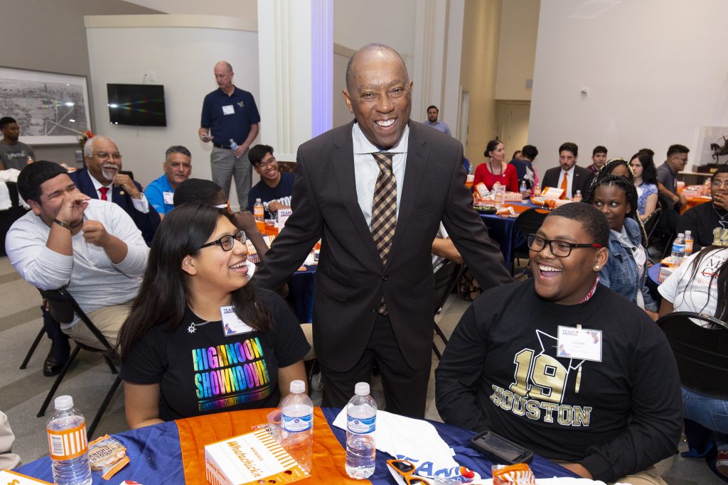 Houston Mayor Sylvester Turner with students at a TeamUp celebration in May, 2019.