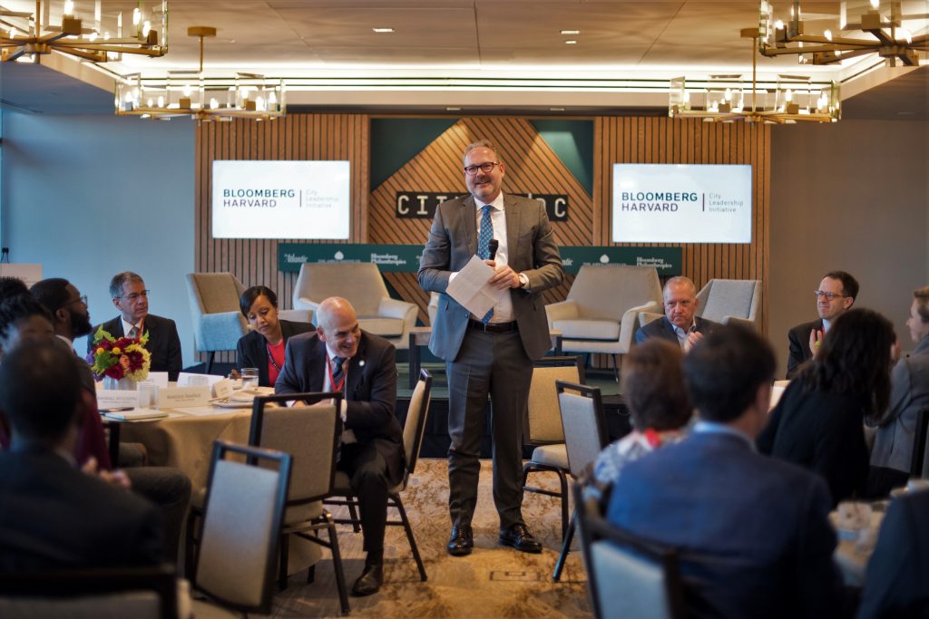 Jorrit de Jong speaking to alumni of the Bloomberg Harvard City Leadership Program at CityLab in October, 2019.
