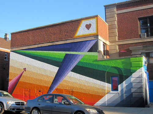 With All of Our Might, mural designed by Chris Silva and created with 9 youth apprentices/collaborators for Yollocalli Arts Reach.