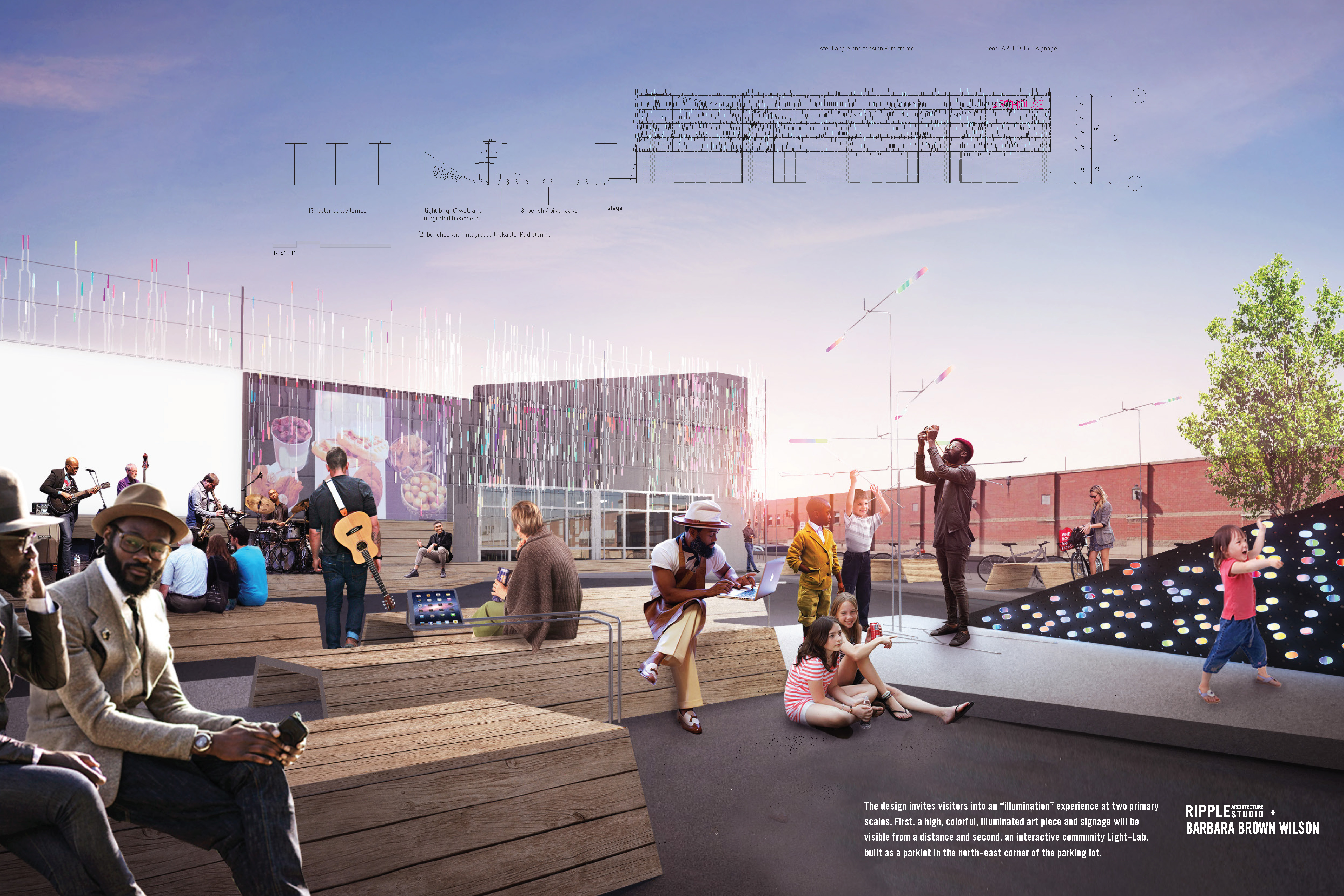 Ripple + Wilson's design for an outdoor public art piece at ArtHouse: A Social Kitchen in downtown Gary is shown.