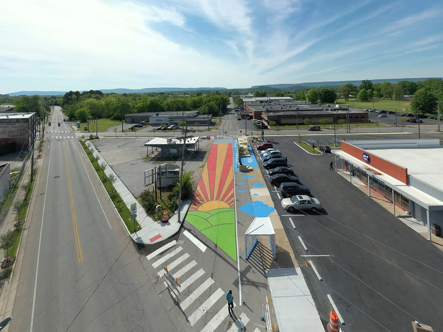 Aerial view of Asphalt Art painting in Chattanooga, TN
