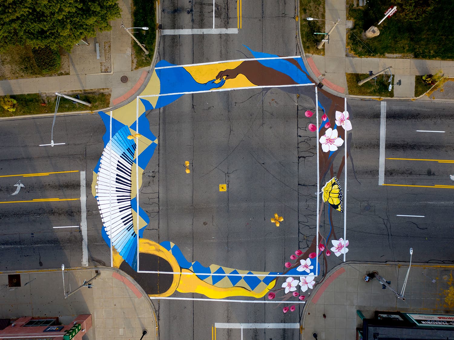 Aerial view of Saginaw asphalt art painting