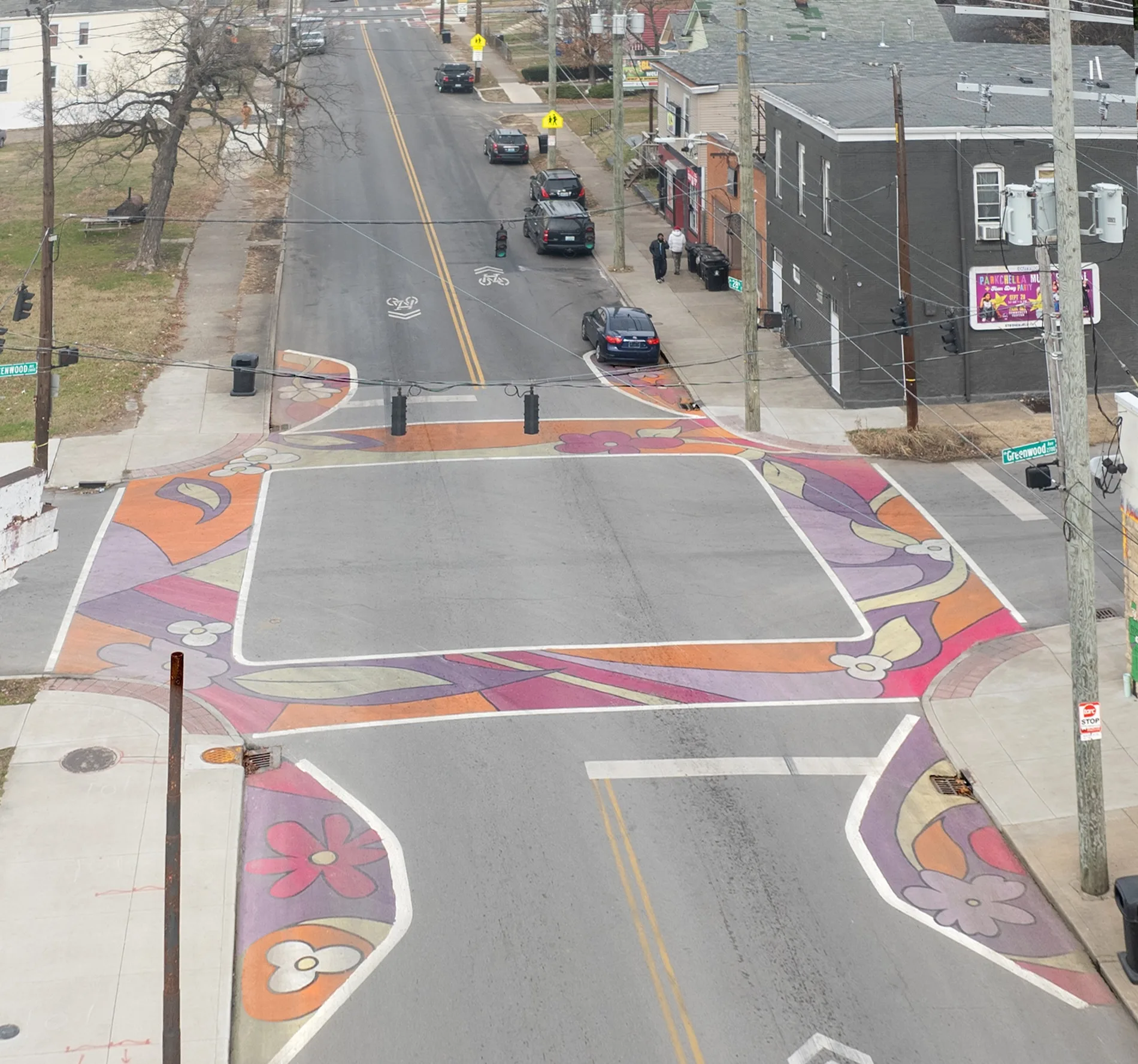 Asphalt Art Initiative before/after comparison photos of Louisville, Kentucky.
