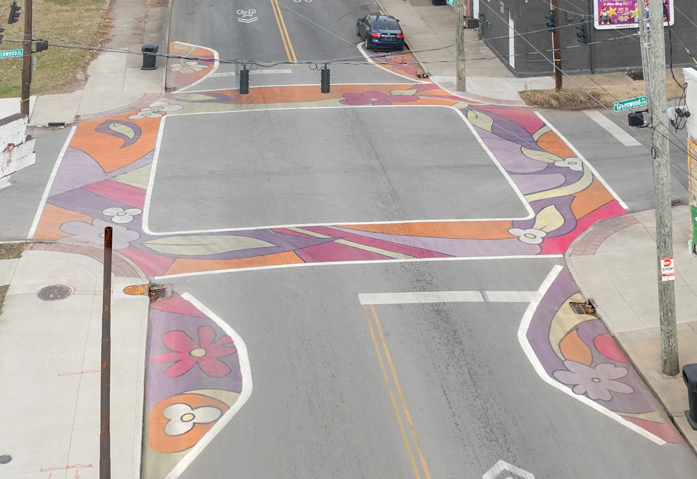Asphalt Art Initiative before/after comparison photos of Louisville, Kentucky.