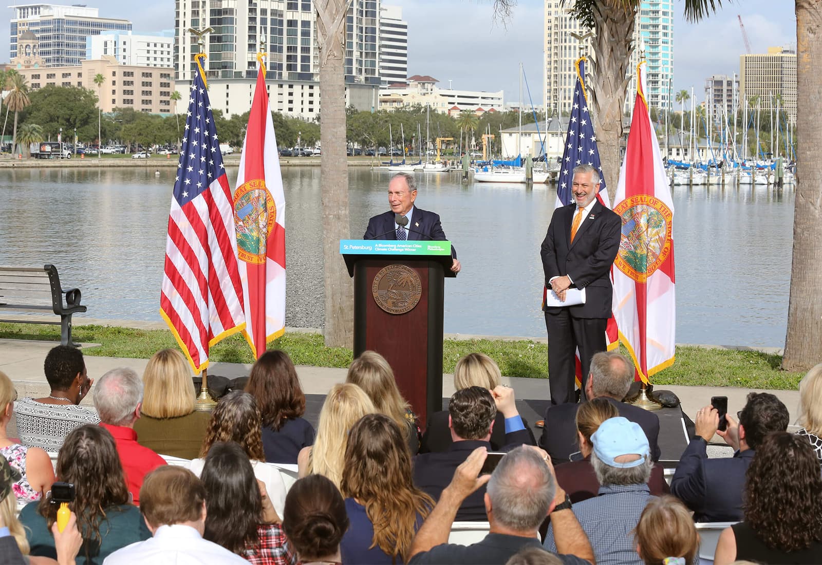 Mike Bloomberg announces St. Petersburg, FL as a winner in the Bloomberg American Cities Climate Challenge alongside Mayor Rick Kriseman.