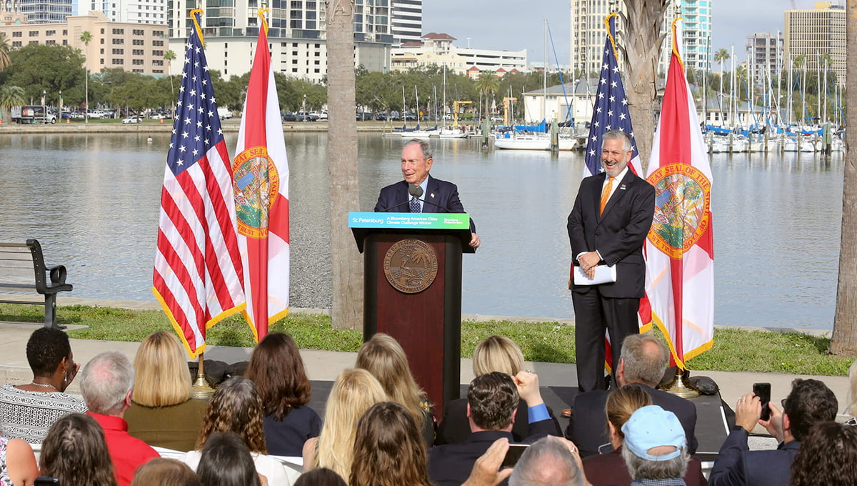 Mike Bloomberg joins Mayor Rick Kriseman to announce St. Petersburg, FL as a winner in the Bloomberg American Cities Climate Challenge (ACCC).