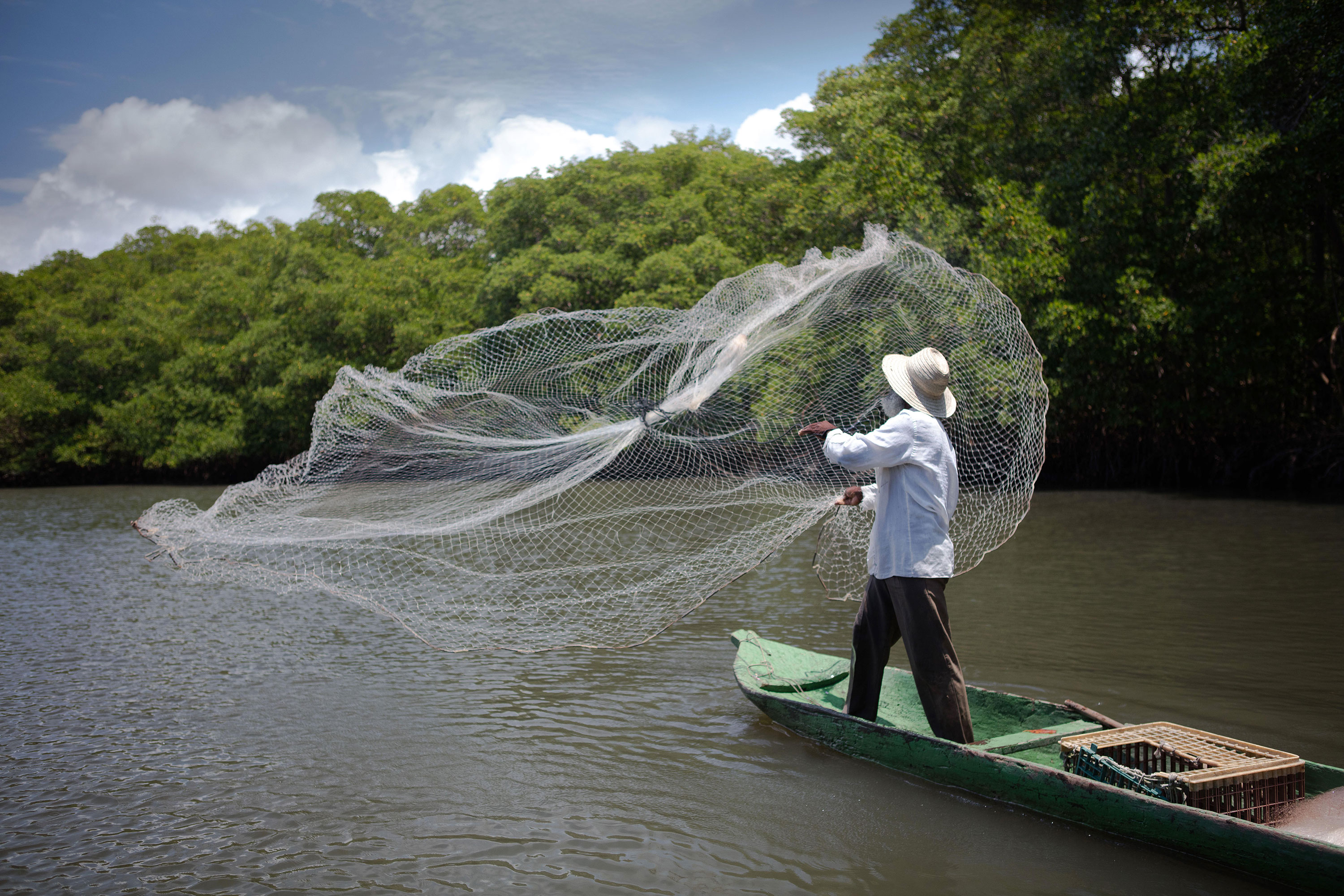 Man wearing a white hat and dark pants standing in a boat in the water and throwing a fishing net in the air, green trees in the background