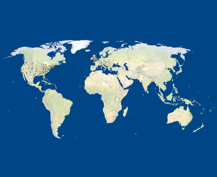 Global reach map with blue background