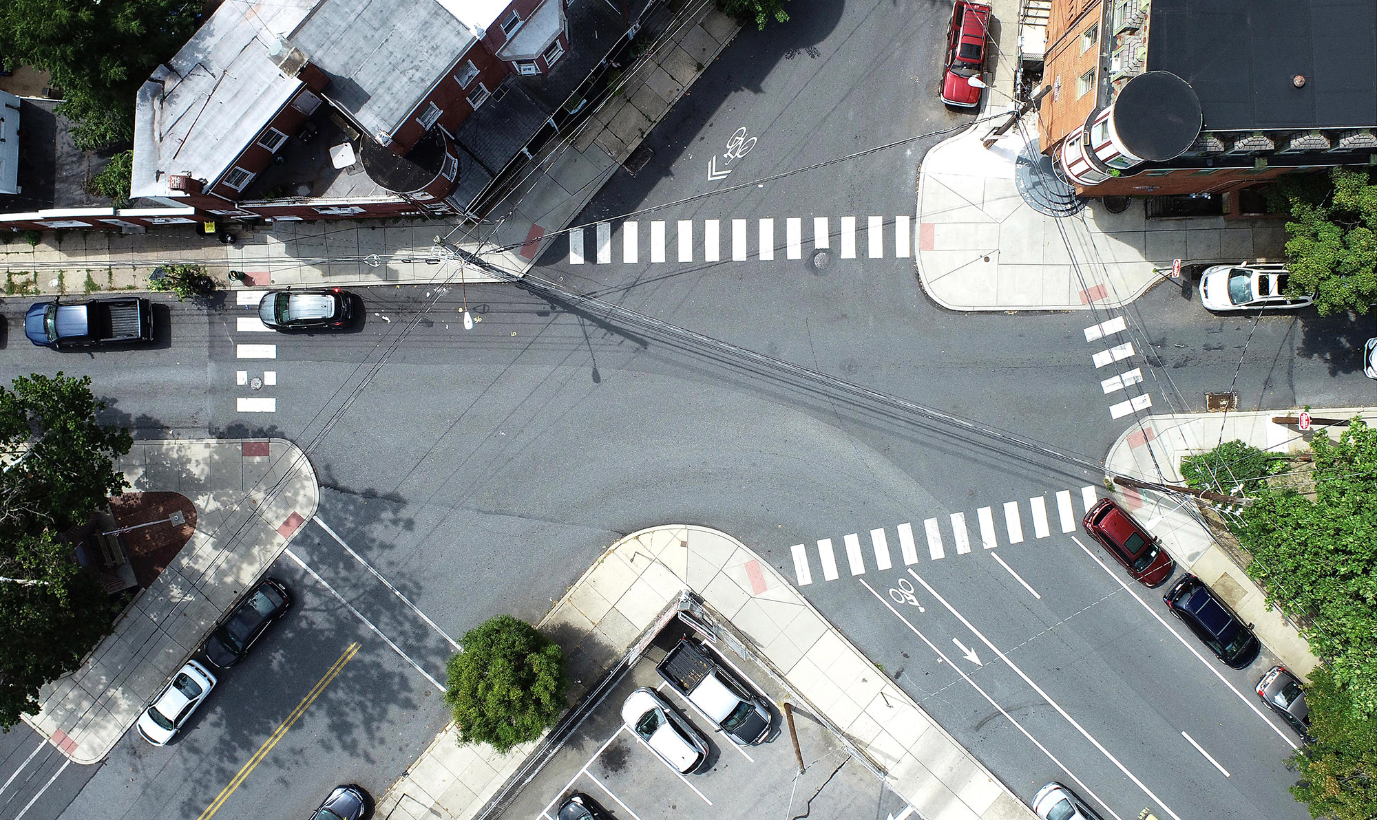 Overhead image of a five-way intersection