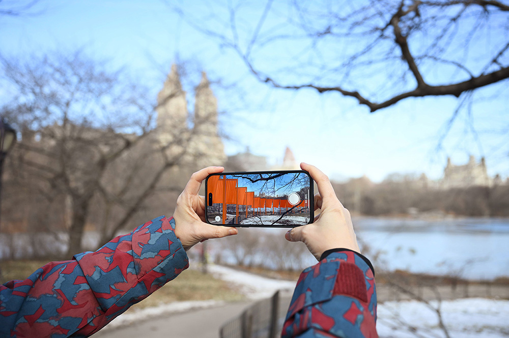 Digital rendering of Christo and Jeanne-Claude’s The Gates, viewed through an augmented reality experience.