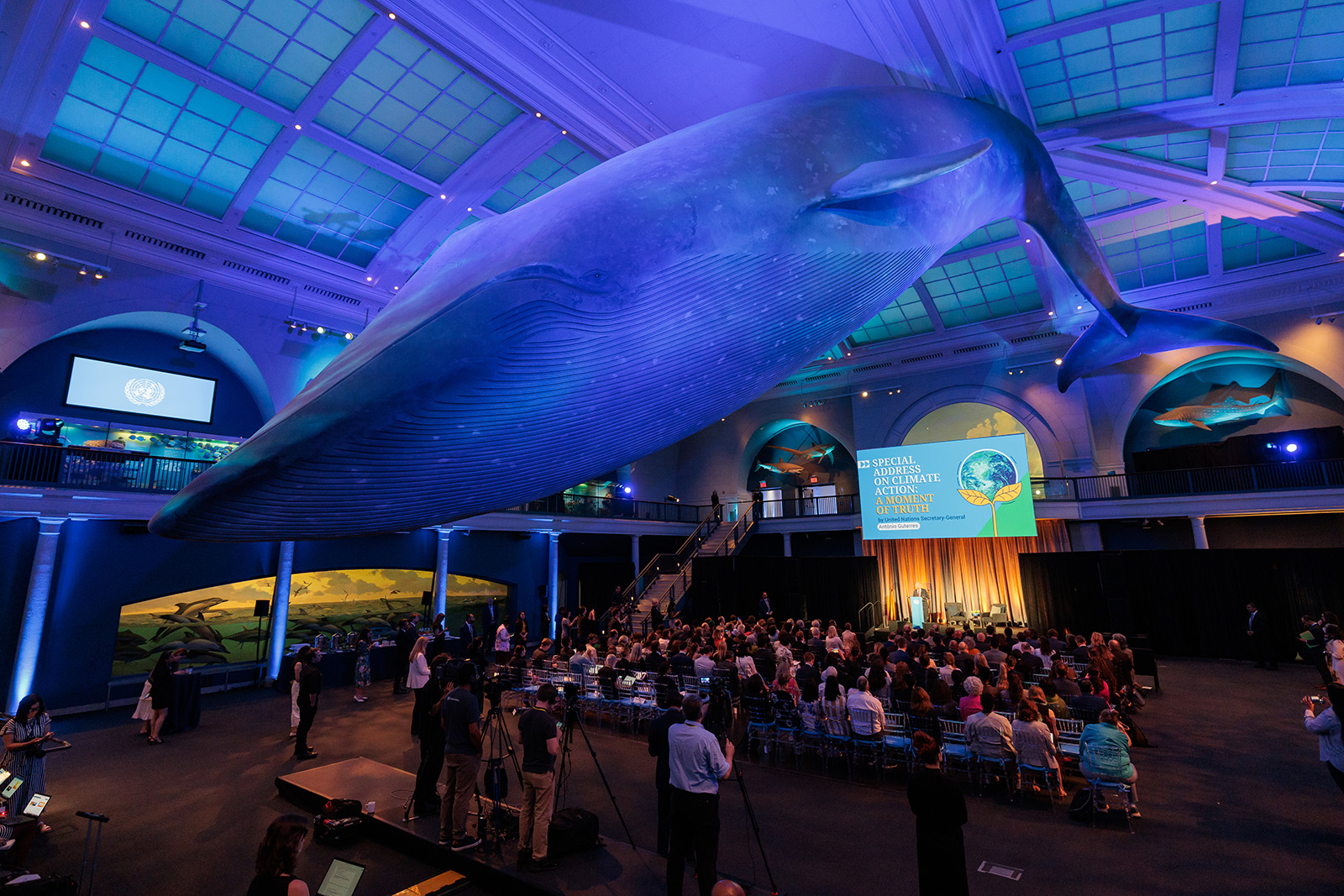 Mike Bloomberg introducing UN Secretary-General António Guterres at the American Museum of Natural History, June 2024.