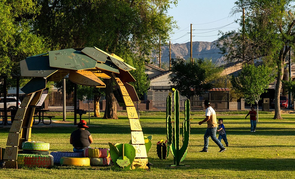 Public art installation titled The Burrow, created by Josie Davis and Jenny Boehme, provides shade in Phoenix.