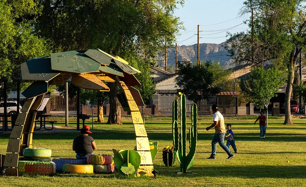 Public art installation titled The Burrow, created by Josie Davis and Jenny Boehme, provides shade in Phoenix.