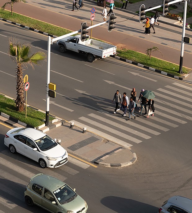 Wider pedestrian footpaths, new crosswalks and bike lanes make commutes safer in Addis Ababa, Ethiopia.