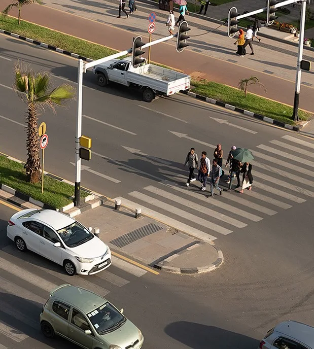 Wider pedestrian footpaths, new crosswalks and bike lanes make commutes safer in Addis Ababa, Ethiopia.