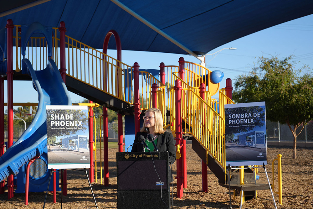 Mayor Kate Gallego of Phoenix joined community members for the launch of a new shaded playground.