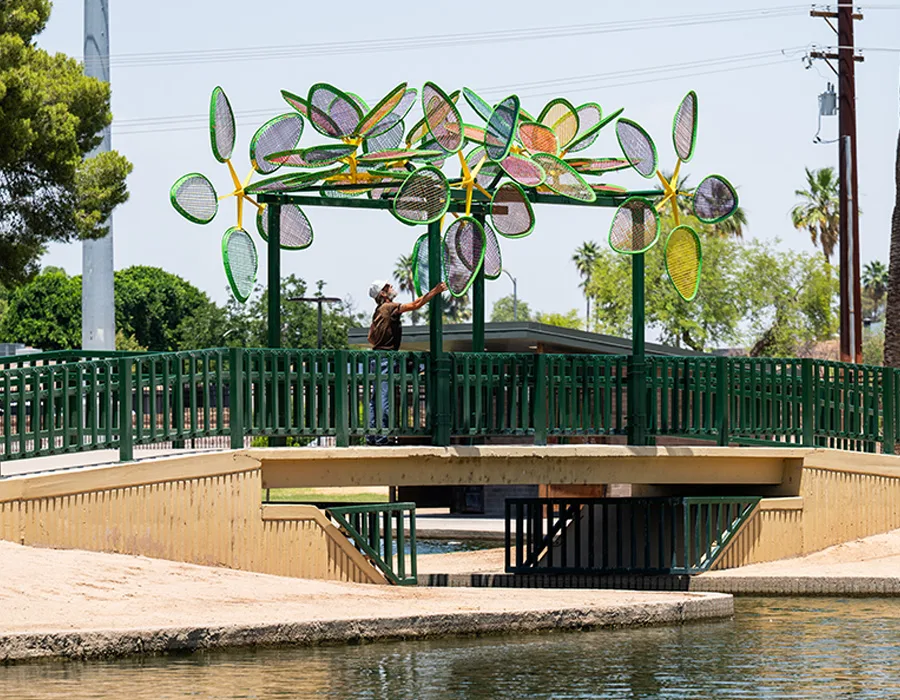 Public park sculptures provide shade and cooling to address extreme heat.