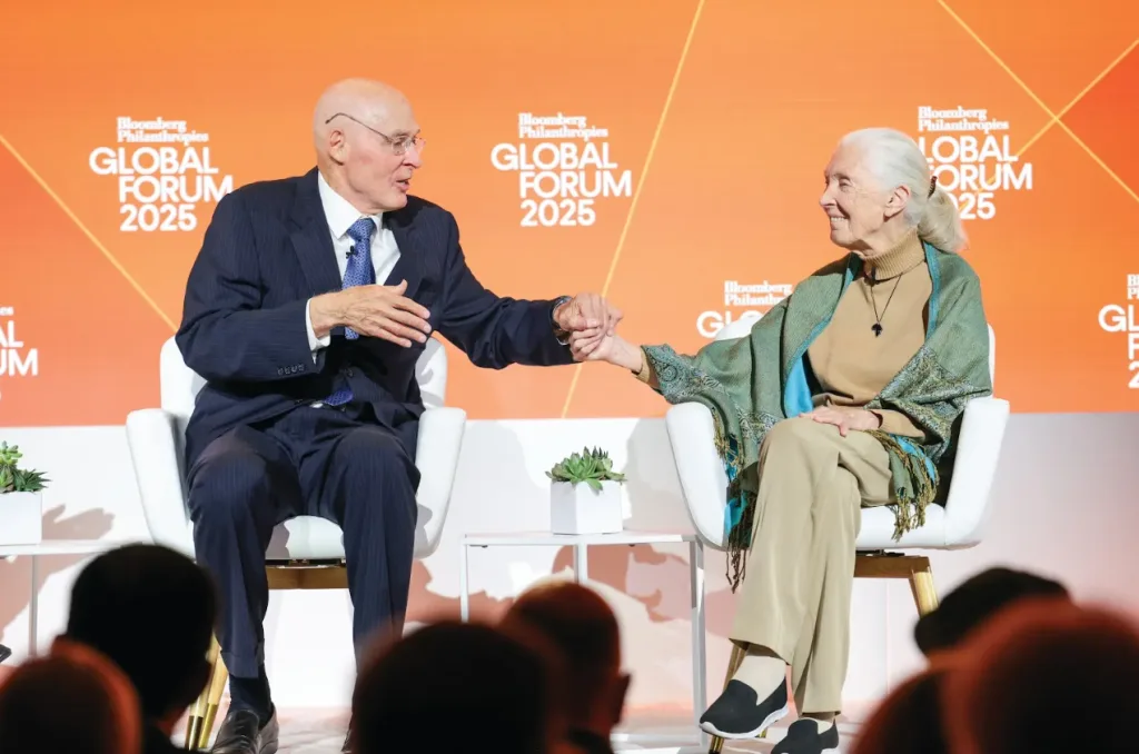 Jane Goodall speaks with Hank Paulson about conservation at the Bloomberg Philanthropies Global Forum in New York City.