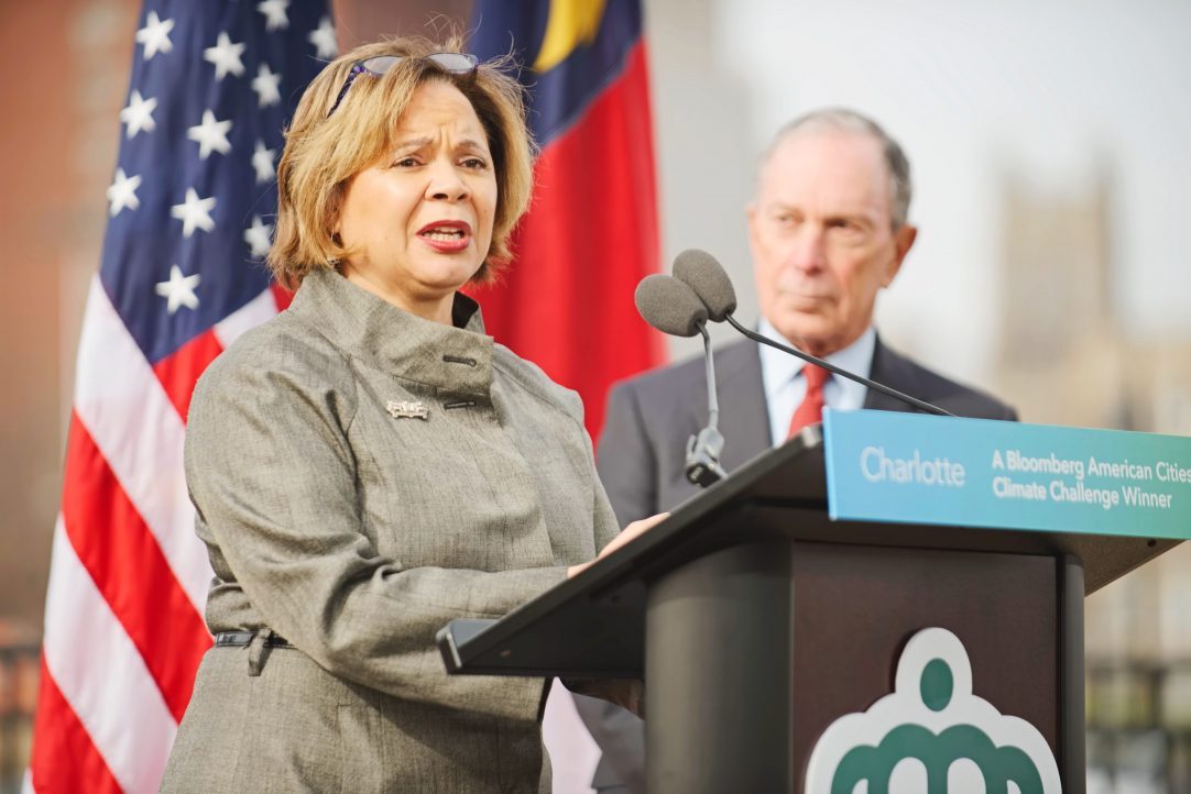 Mayor Vi Lyles of Charlotte, North Carolina, and Mike Bloomberg announcing that the city was selected as one of the 25 American Cities Climate Challenge winners.