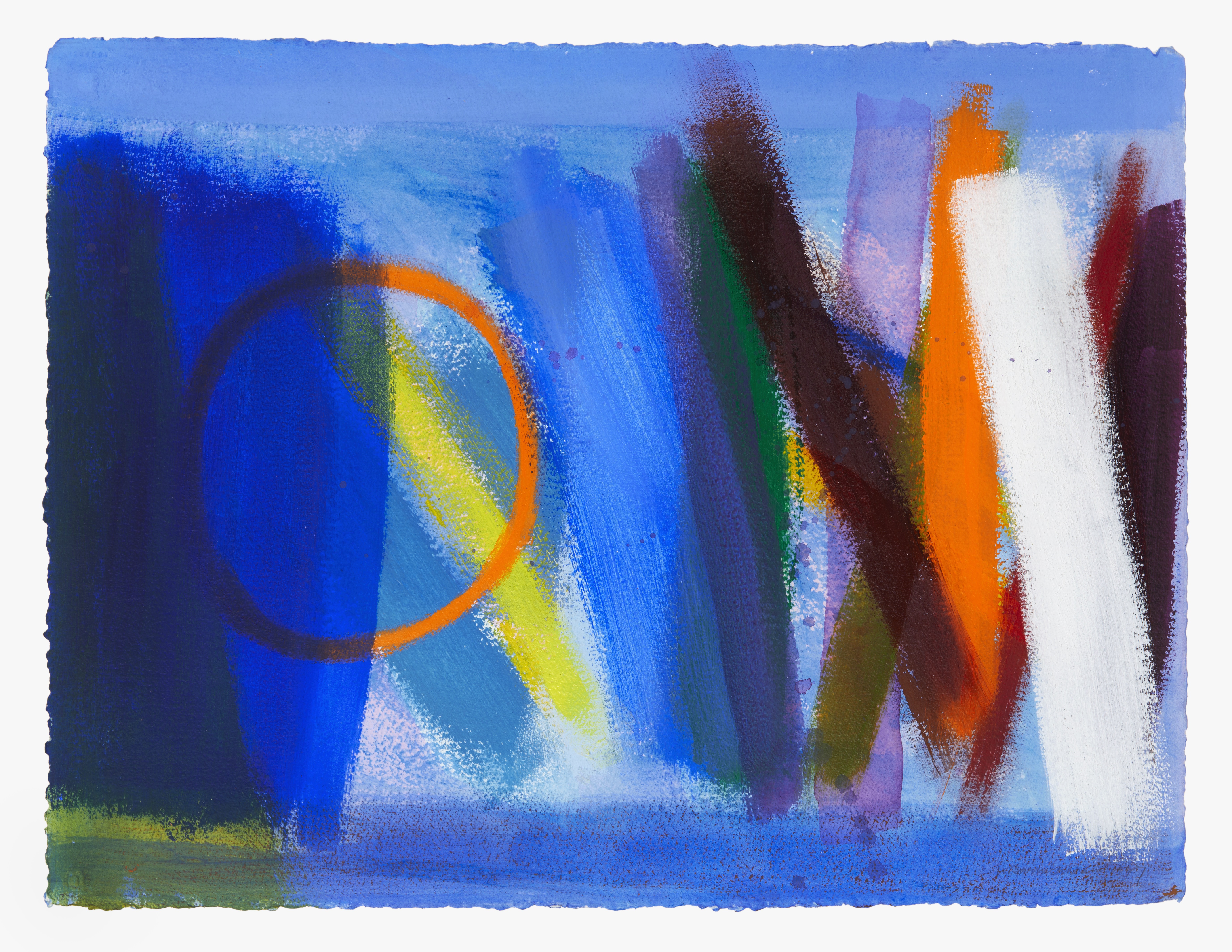 Abstract acrylic painting by Wilhelmina Barns-Graham, bold, colourful brush strokes, mainly blue.