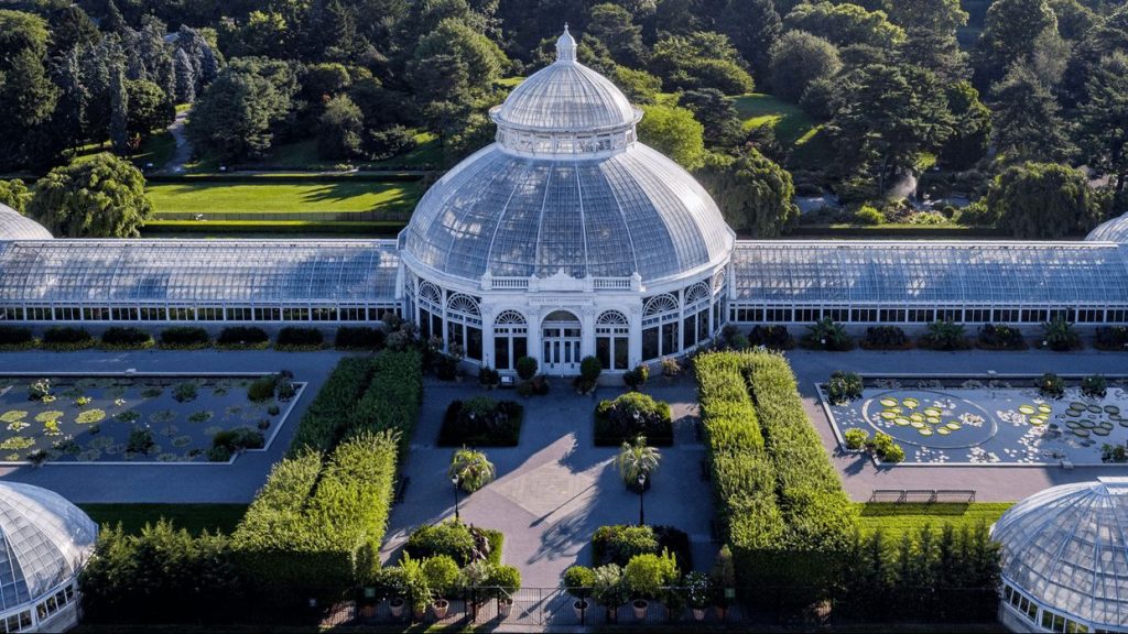 Aerial shot of the NYBG Conservatory in summer