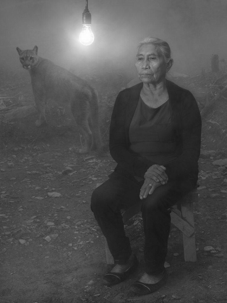 Bolivian woman sitting down in front of puma looking back