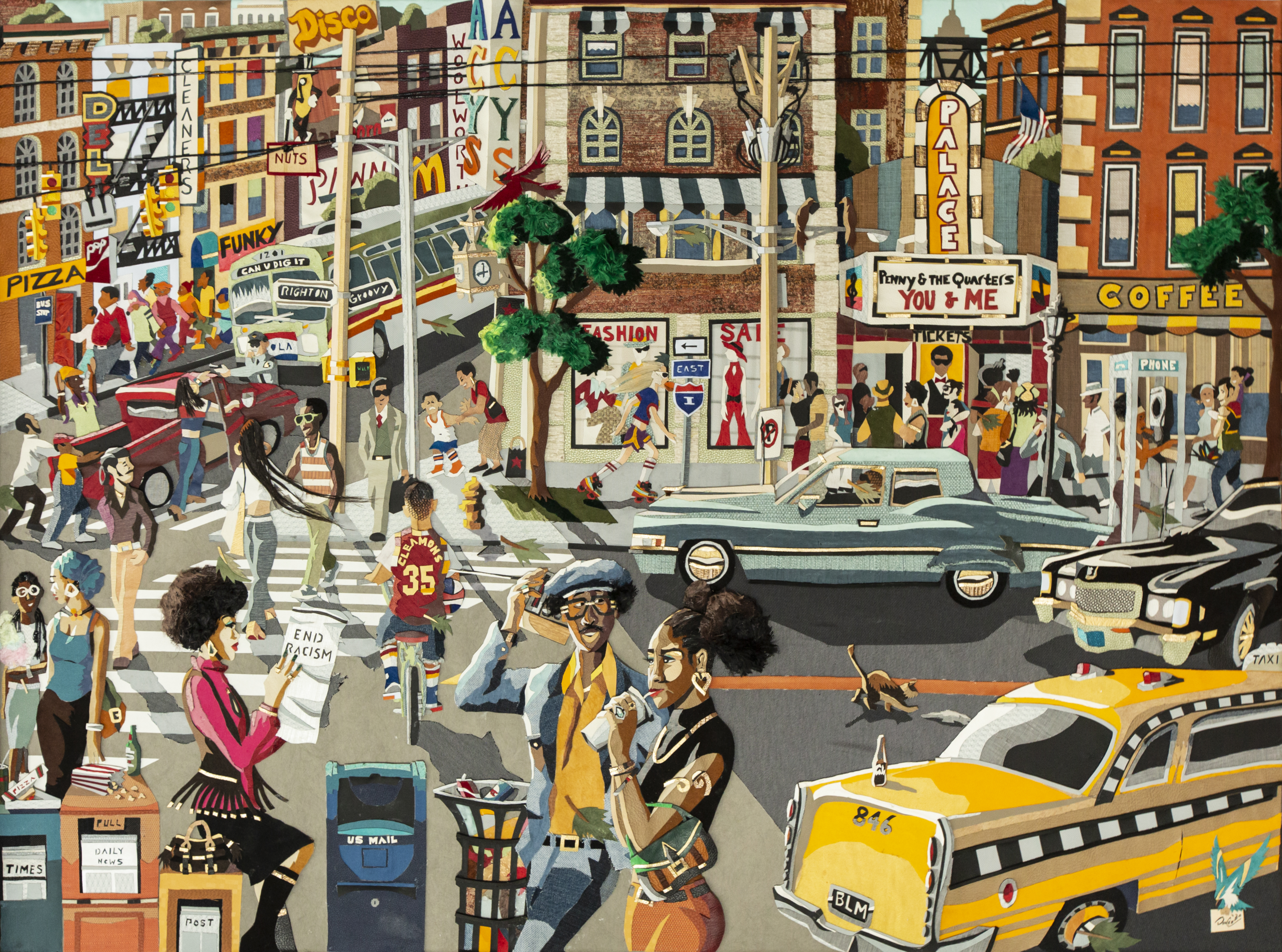A brightly colored busy 70s street scene made from fabric and wood.