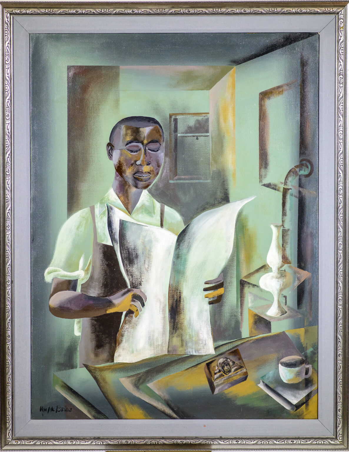 Painting of Robert S. Abbott, wearing a white shirt and black apron holding up a newspaper. By William McBride.
