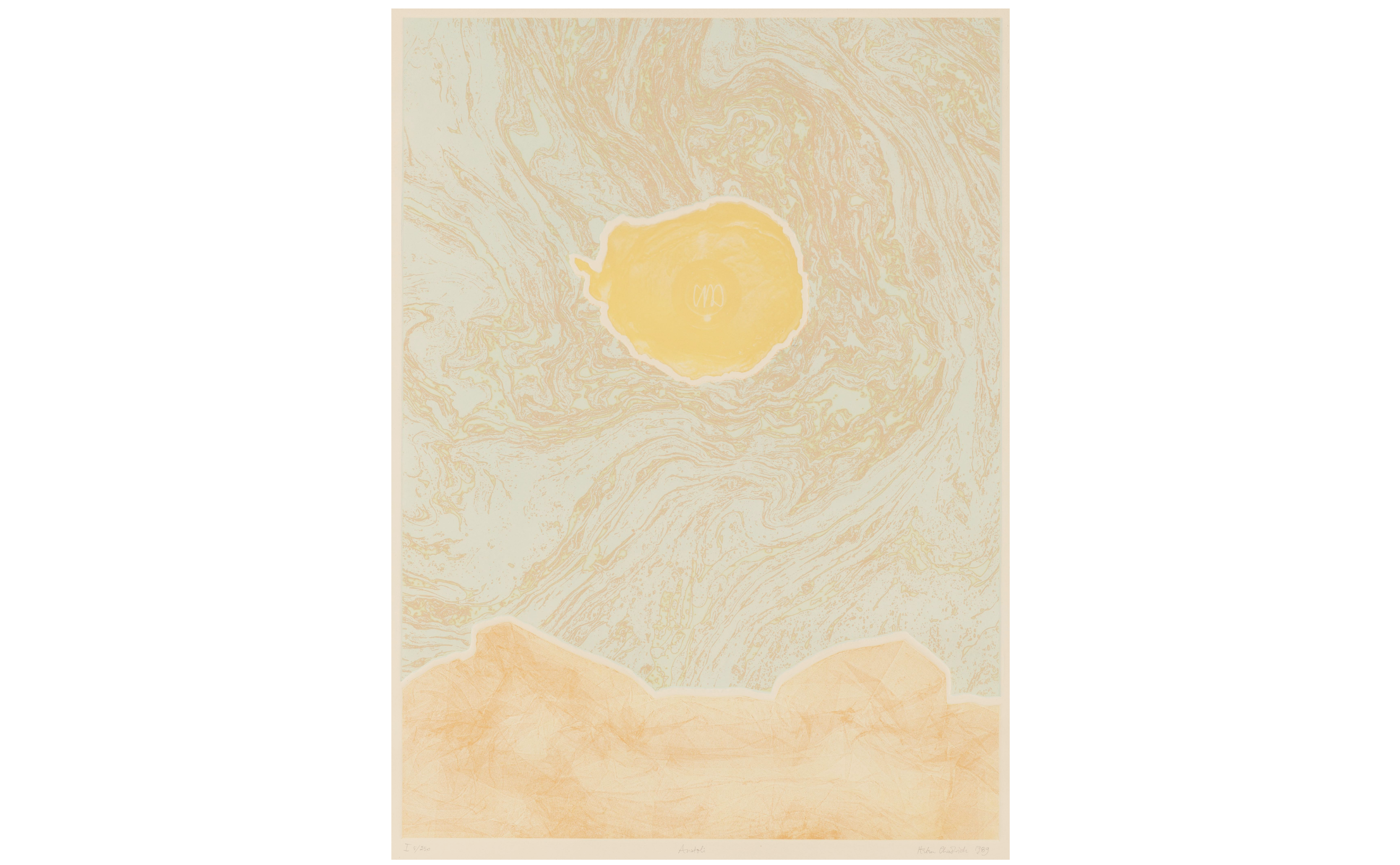 An abstract composition with a sun-like shape and mountainous forms