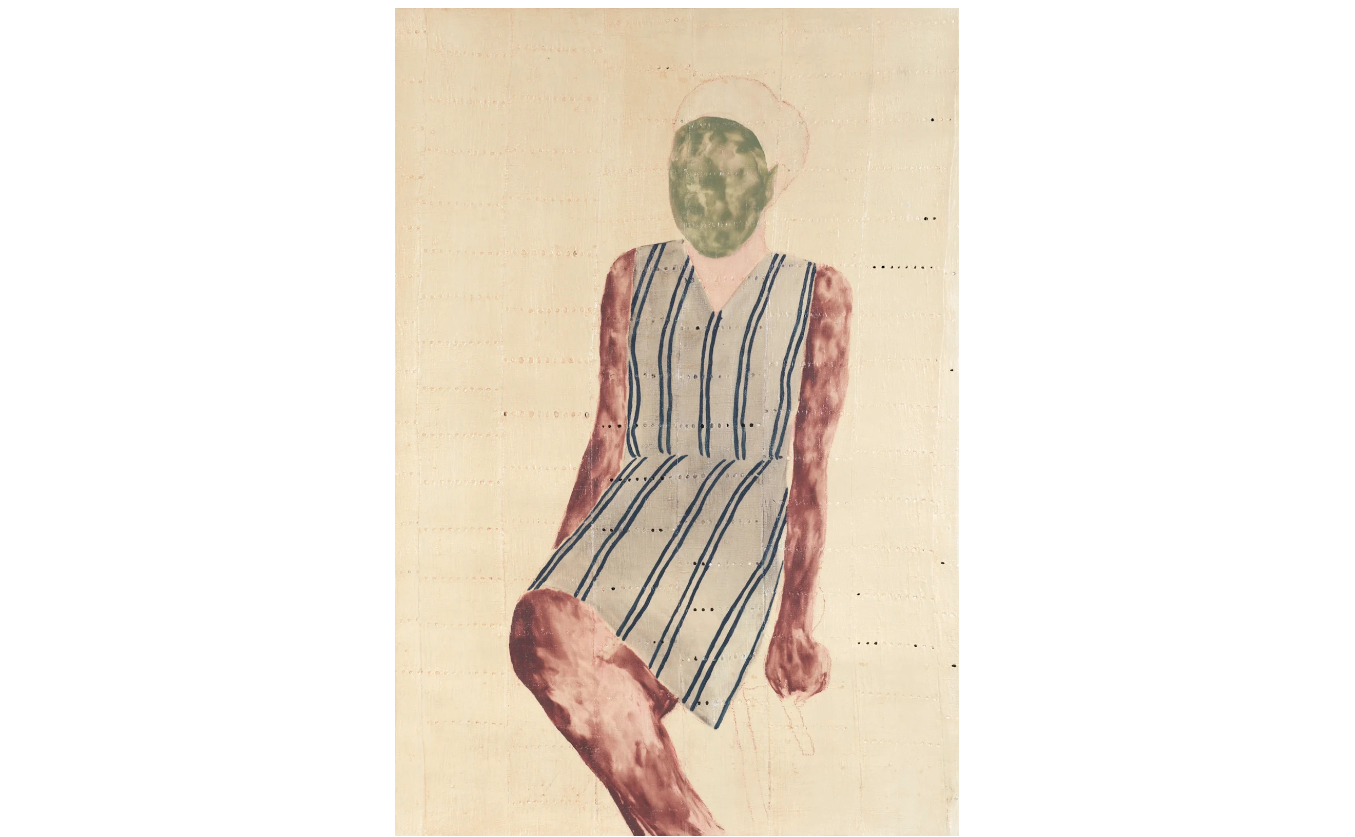 A portrait of a young woman wearing a striped blue dress