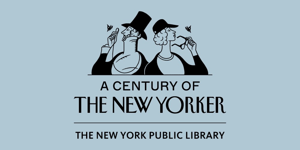 Black illustration of a man in a top hat looking at a butterfly with a monocle back to back with a woman in a baseball cap holding glasses and looking at a butterfly, above the words A Century of The New Yorker, on a light blue background