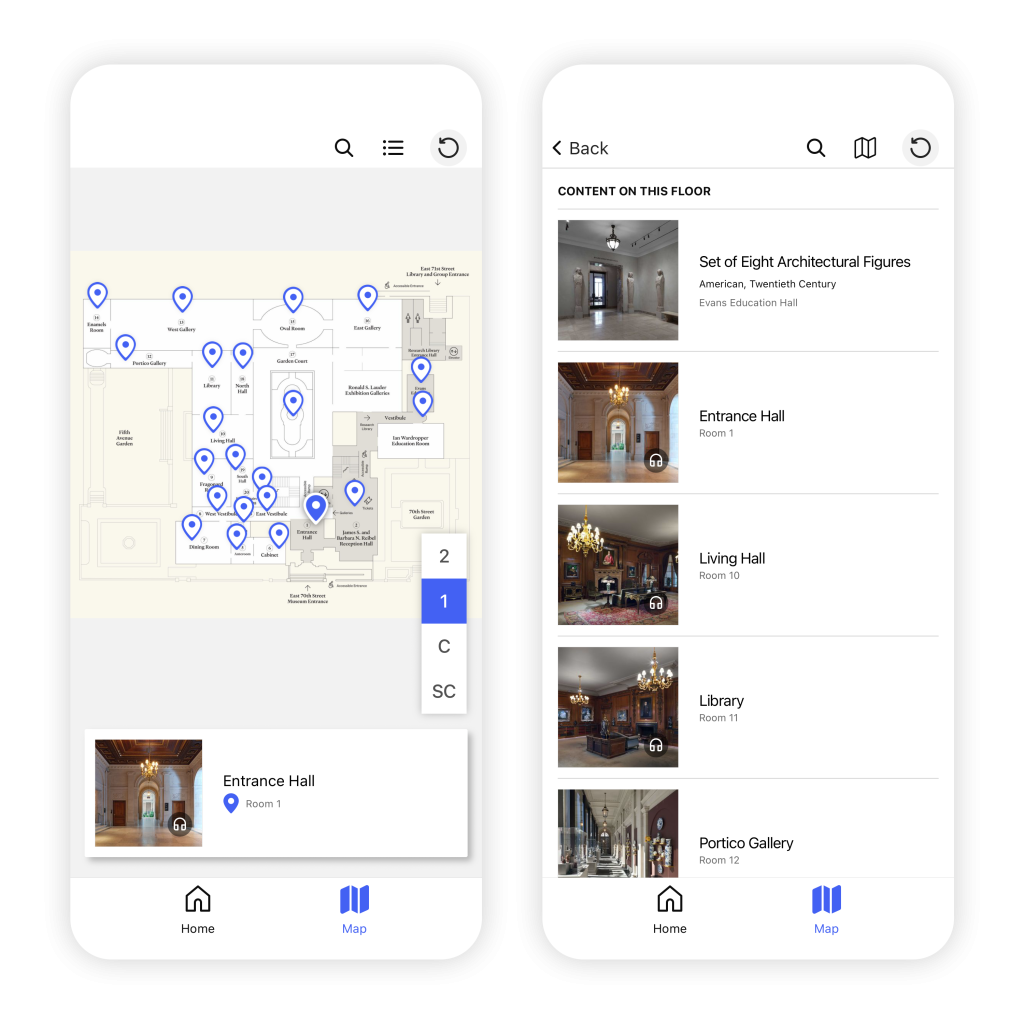 The graphical map view (left) and linear, text-based map view (right).