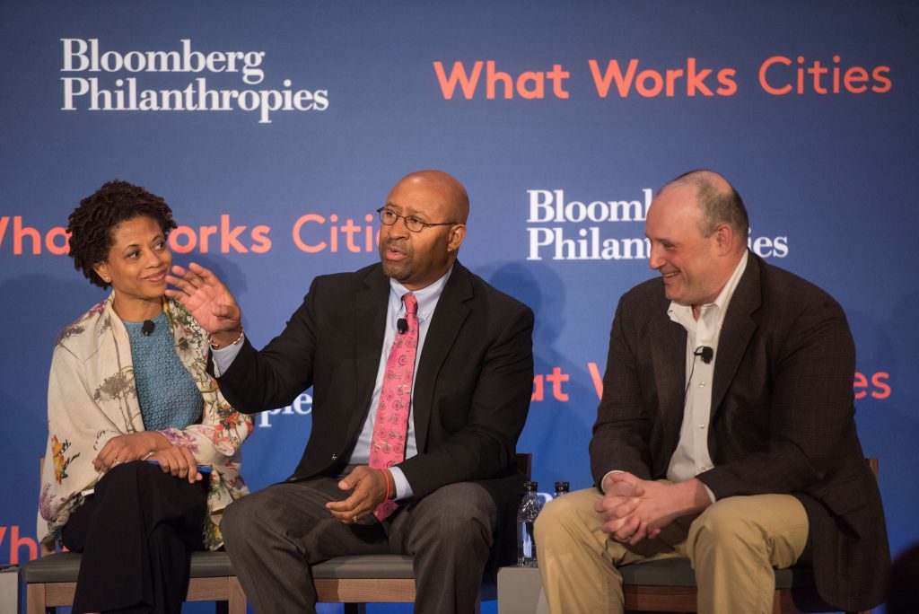 What Works Cities Advisor and the former Director of the Domestic Policy Council Melody Barnes; former Mayor of Philadelphia Michael Nutter; and What Works Cities Senior Fellow Mike Flowers speak at the 2016 What Works Cities Summit, in New York City