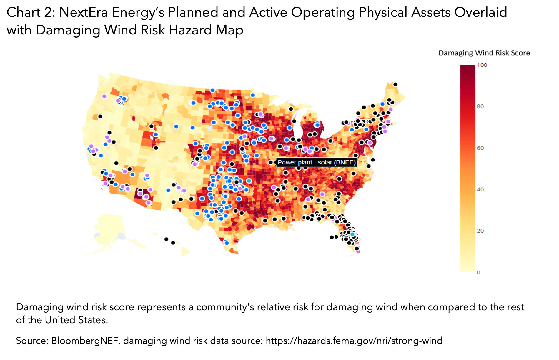 NextEra Energy’s Planned and Active Operating Physical Assets overlaid with Damaging Wind Risk Hazard Map