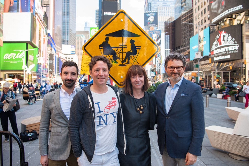 (L-R) Nick Mosquera, Seth Solomonow, Janette Sadik-Khan and Andy Wiley-Schwartz; the Bloomberg Associates Transportation Team at the 10th Anniversary of the creation of the Times Square Plaza in June, 2019.