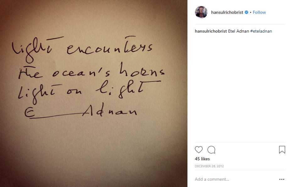 Instagram post by Hans Ulrich Obrist (@HansUlrichObrist) of Etel Adnan’s poem written on a napkin – the beginning of Hans Ulrich Obrist’s Handwriting Project.