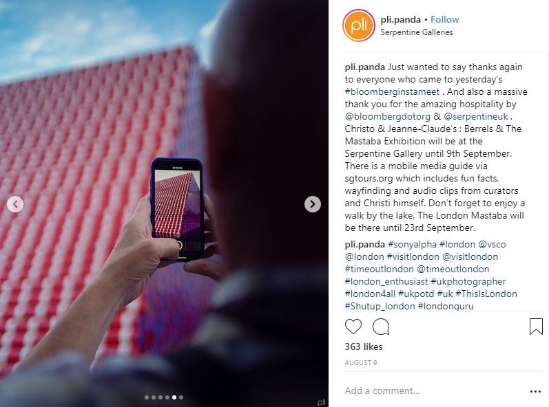 Instagram post by @pli.panda from the Bloomberg Philanthropies & Serpentine Gallery Instameet on August 9, 2018.