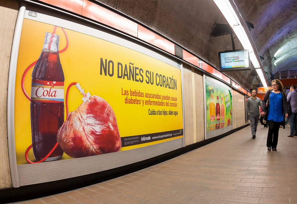 Billboards in Mexico highlighting the health risks of sugary beverages as part of an obesity prevention campaign led by local partners.